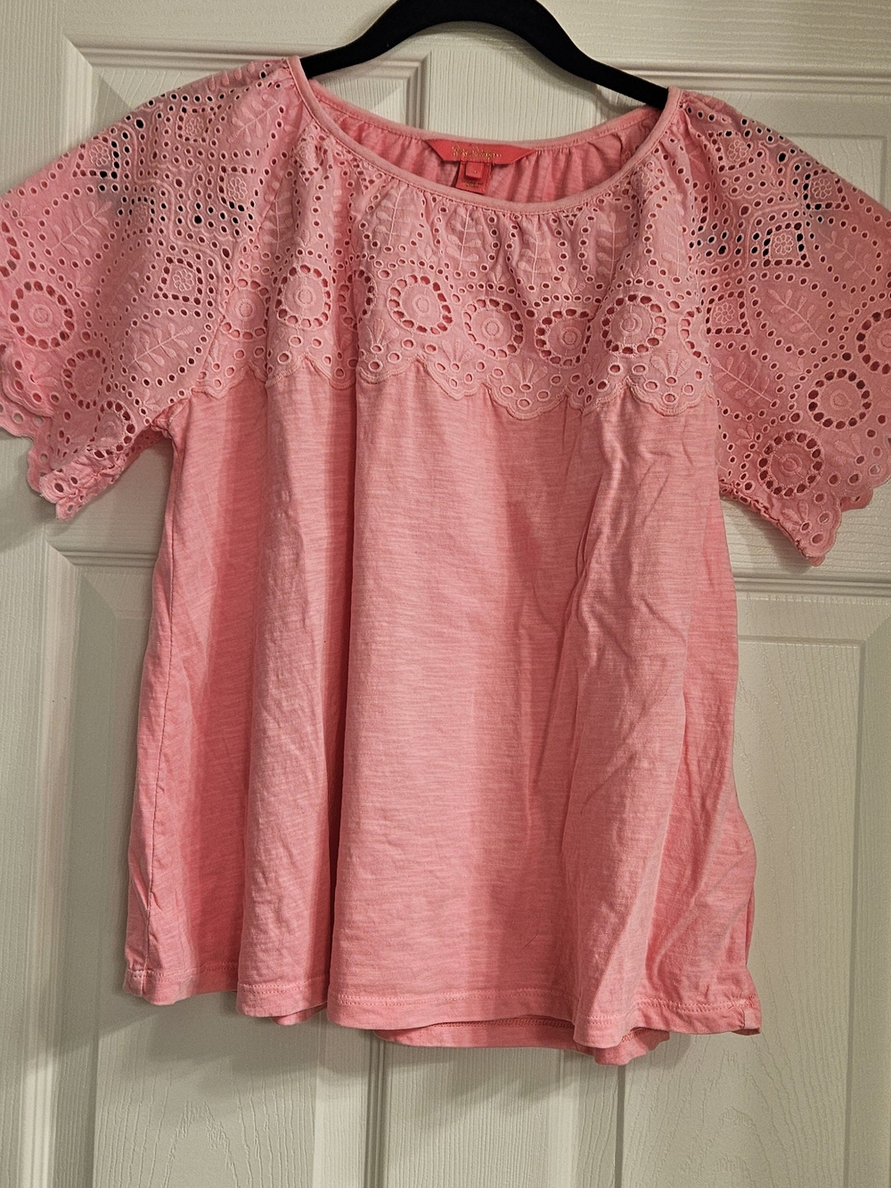 Lilly Pulitzer Taylin Eyelet Short Sleeve Top In Pink Shandy Sz S